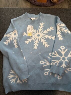 LuLaRoe Light Blue & White Snowflake Crewneck Sweater